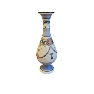 Vintage Roman Antique Harrach White Satin Glass Vase W/ Gold